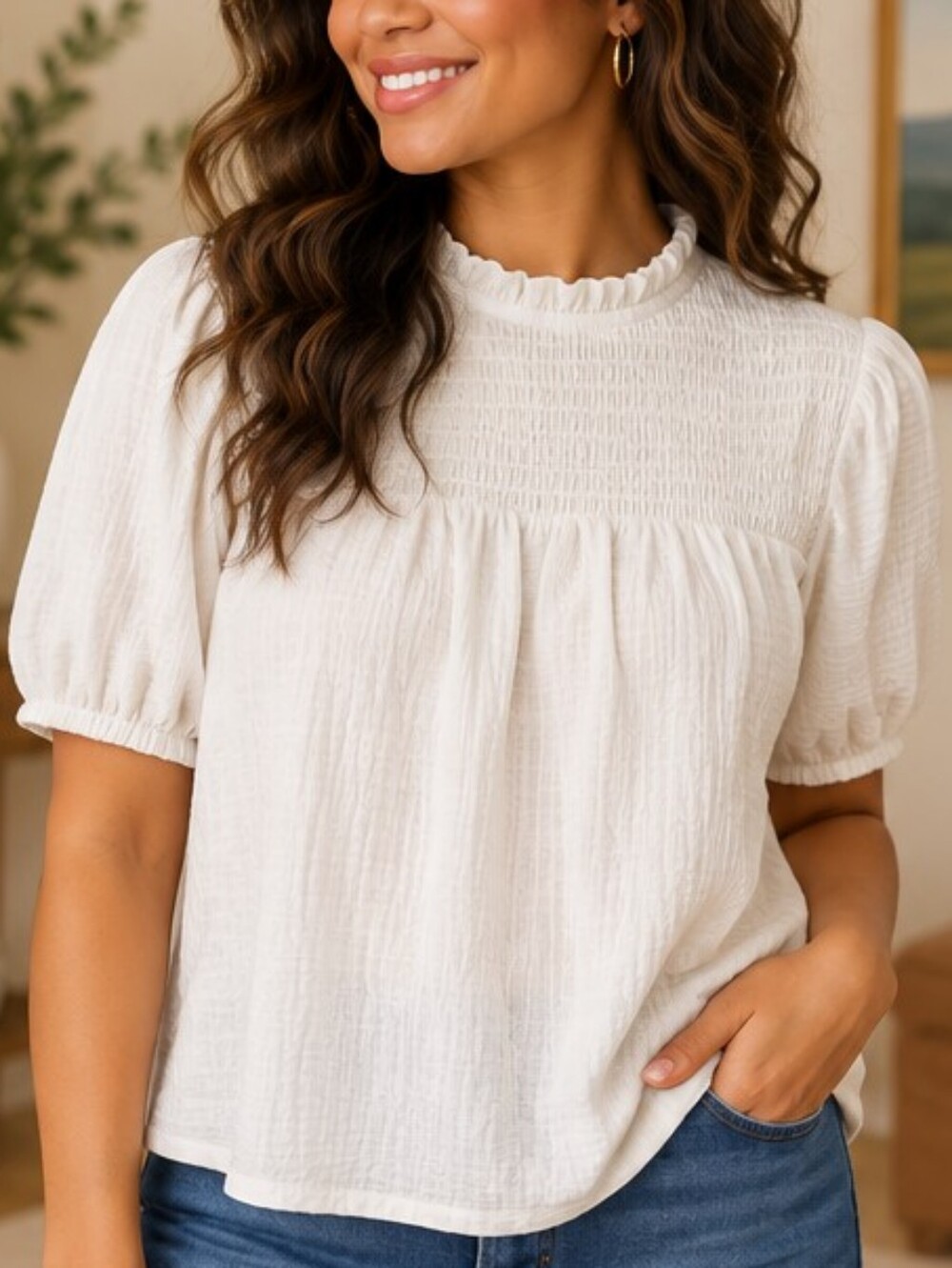 Cable & Gauge Textured Smocked Ruffle Neck Top Large Ivory NWT
